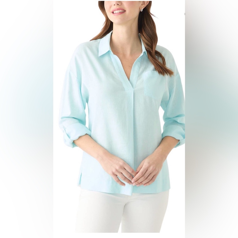 Crown & Ivy Linen Solid Button Down Top V-Neck Drop Shoulder Aqua Coast XS
